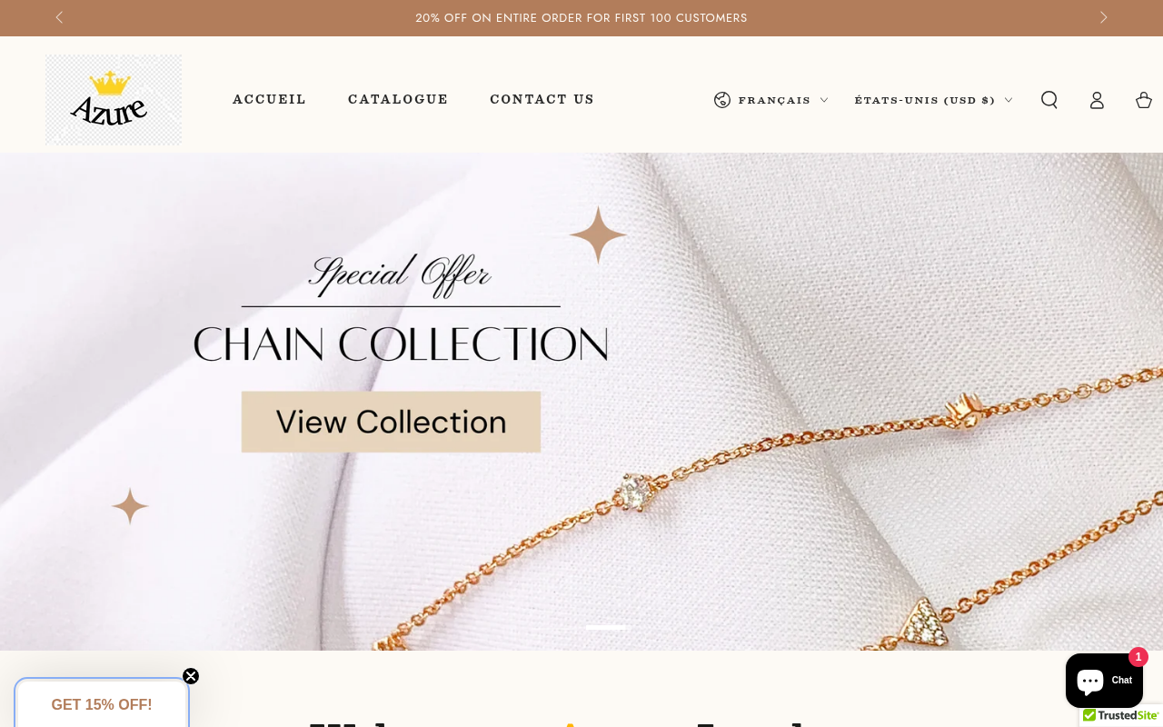Azure Jewelry Shopify store homepage