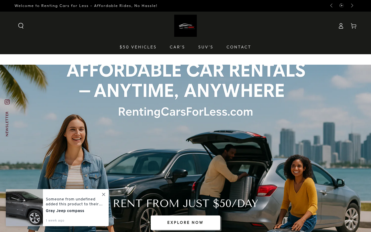 Renting Cars For Less Shopify store homepage