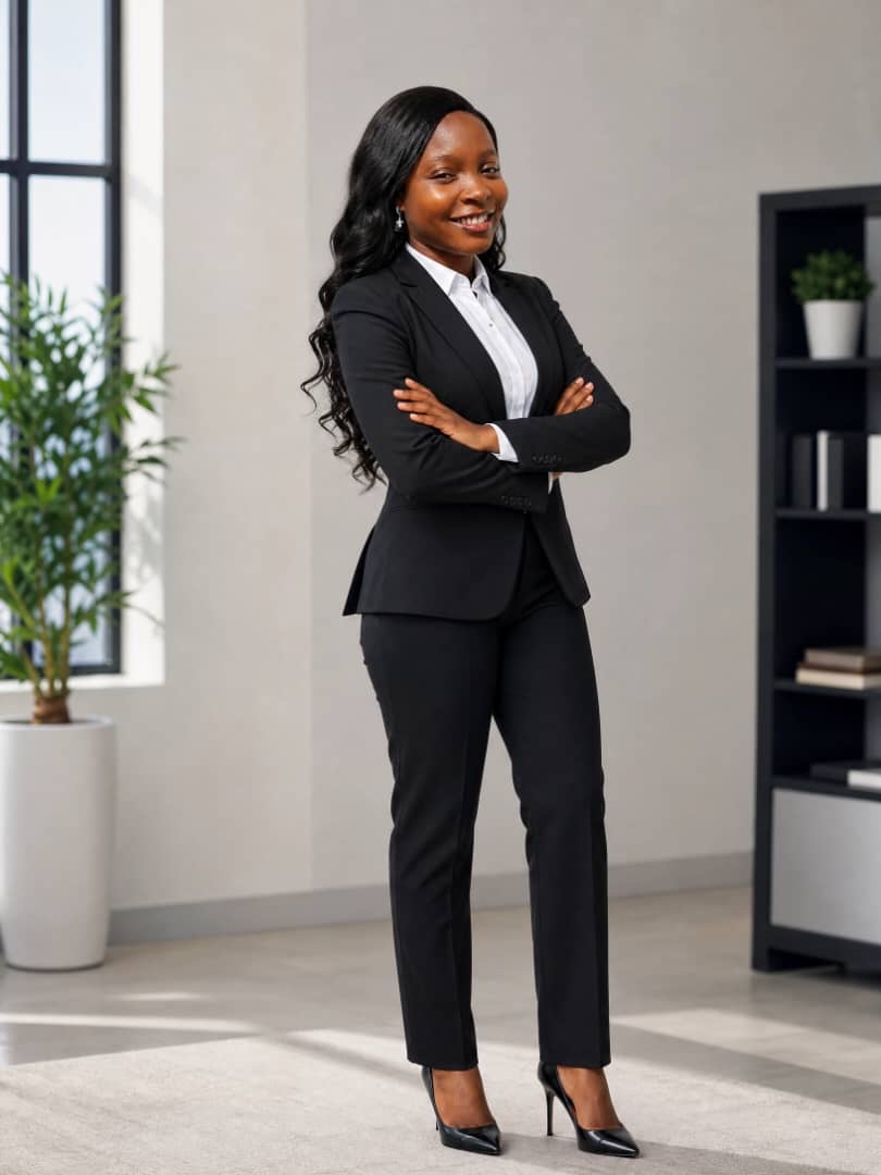 Shopify Email Marketing Specialist in a black pantsuit smiling