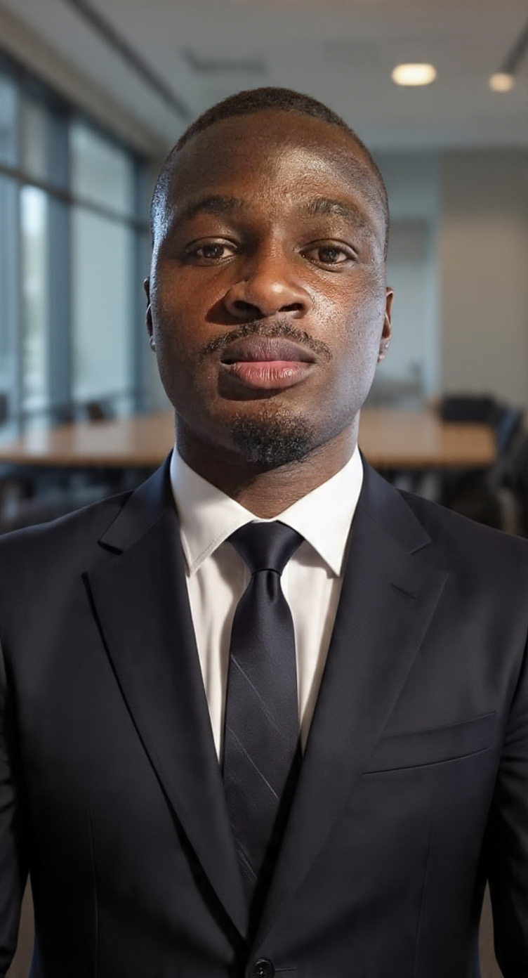 Shopify Sales Specialist in a navy suit in a modern boardroom